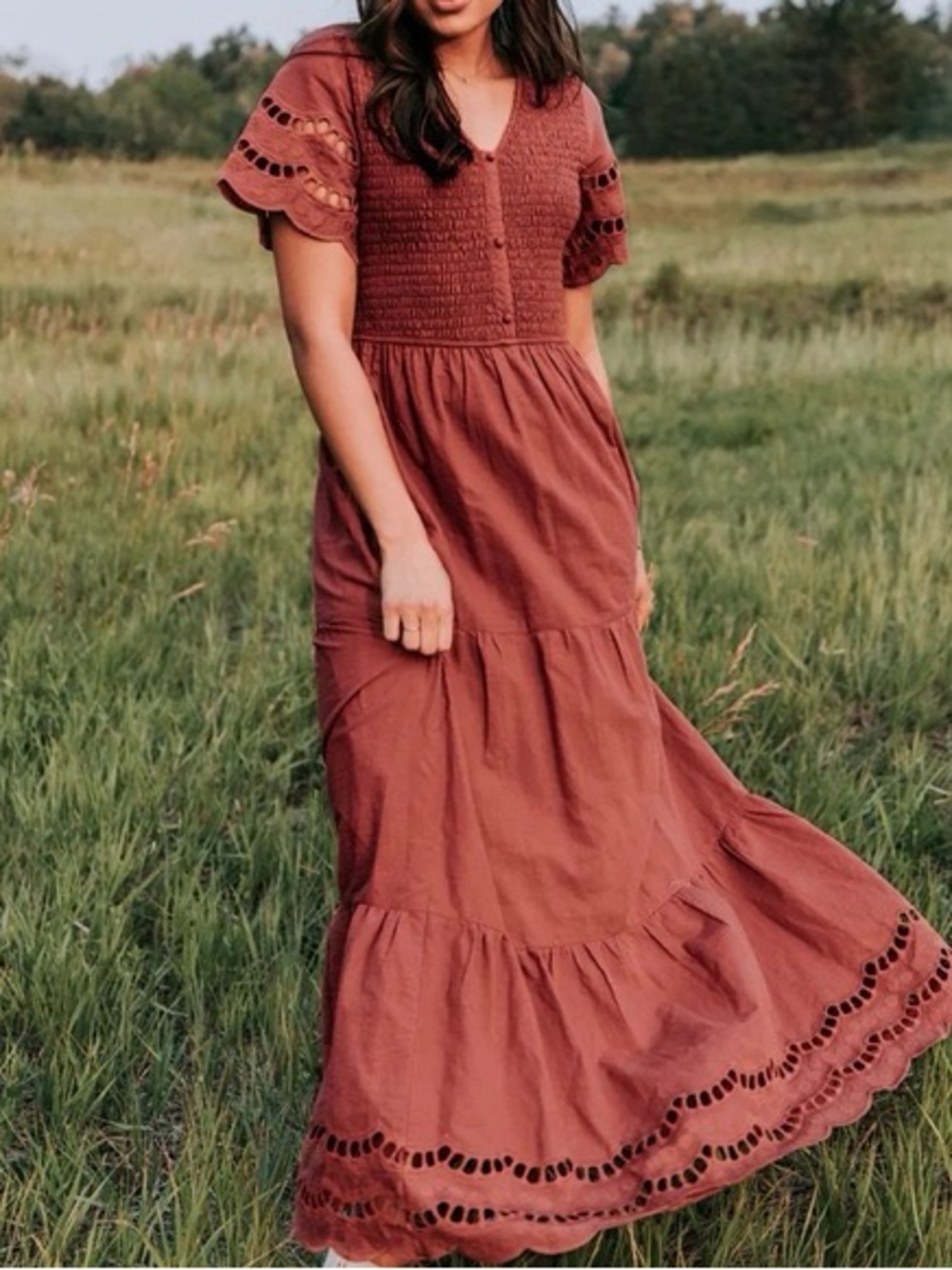 One Loved Babe Smocked Bodice Rust Maxi Dress with Eyelet Trim Size XS